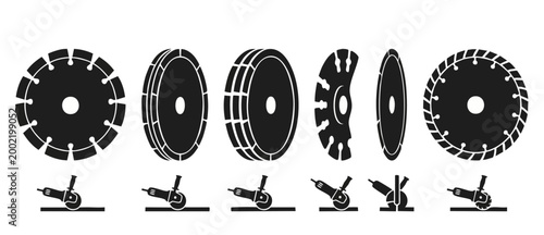 Diamond saw blade icons set for angle grinder or circular saw. Professional construction cutting tool collection with various blade profiles and usage positions, flat vector black silhouette graphic d
