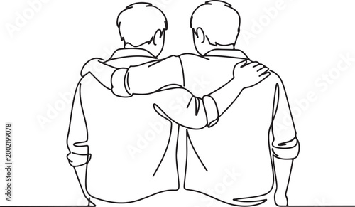 Line Drawing Rear View of Two Male Friends with Arms Around Shoulders Friendship Bond Illustration