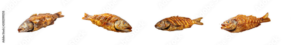 Obraz premium Collection of fried whole fish with culinary, delicious, prepared isolated on transparent background