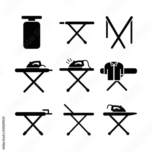 Laundry Icons: Ironing Board, Iron, Clothes, and Steam - Vector Set
