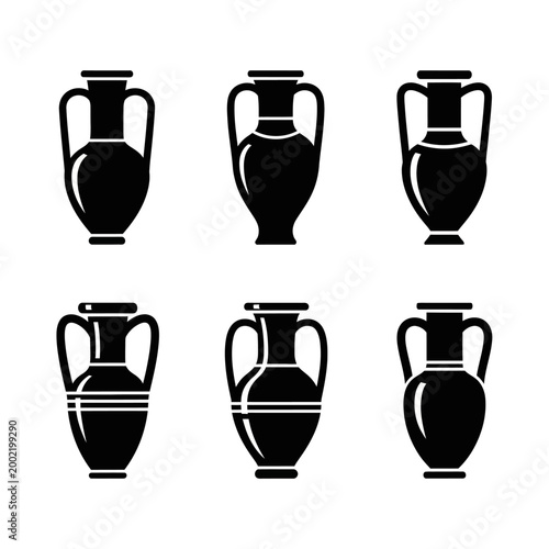 Set of Ancient Greek Amphorae Icons: Black Silhouette Vector Illustrations