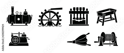 Industrial machinery icons set, vintage mechanical equipment symbols, vector silhouettes of historic steam engines, water wheels, manual presses, bellows, and pulleys for engineering and history desig