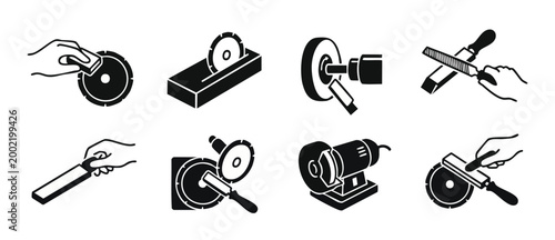 Sharpening tool icon set, industrial grinding and blade maintenance symbols for workshop and metalwork projects, featuring manual whetstone sharpening, electric bench grinder and saw blade sharpening.