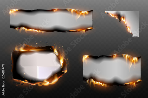 Collection of burned paper holes with glowing fire edges and realistic scorch damage on transparent background.