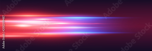 Fast glowing neon light streaks moving across dark red gradient background with motion blur effect.