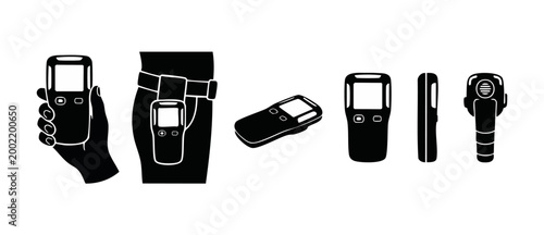 Portable Two Way Radio Icon Set, Walkie Talkie Device for Communication and Security Personnel, Handheld Wireless Equipment Vector Illustration, Black and White Graphic Silhouette Symbols isolated on