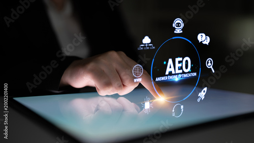 Photos Business professional interacting with digital interface showcasing AEO concept, emphasizing modern trends in digital marketing and engagement strategies Fluxor
