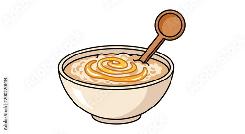 Comforting bowl of warm oatmeal is artfully swirled with a golden drizzle of honey or syrup and served with a spoon, making a perfect healthy breakfast.