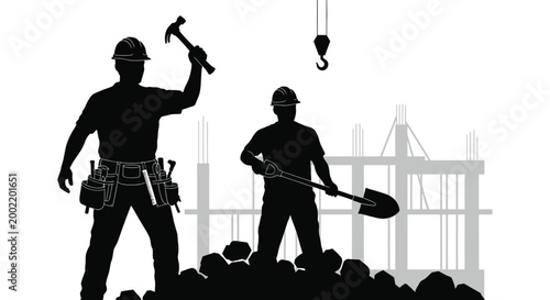 construction workers with tools and hard hats silhouette high quality professional detailed modern elegant stylish clean crisp vibrant colorful digital creative