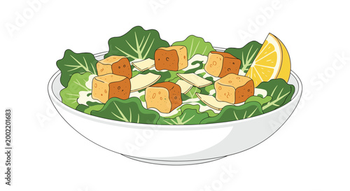 Classic Caesar salad is beautifully presented in a white bowl, featuring crisp romaine lettuce, crunchy croutons, shaved parmesan cheese, and a fresh lemon wedge.