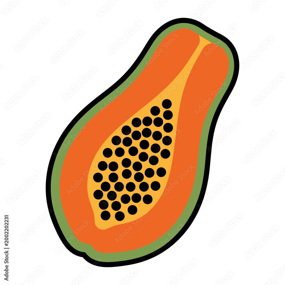 Fototapeta premium Half papaya fruit with black seeds inside icon tropical nutrition vegetarian illustration colorful agriculture ingredient