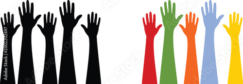 Colorful raised hands and unity logo collection featuring diverse teamwork symbols, community support icons, and abstract collaboration designs for social causes.diverse raised hands unity.