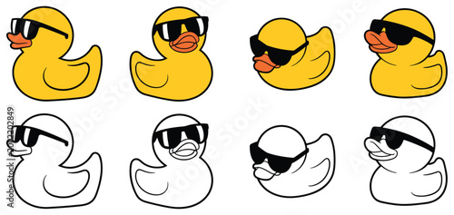 Cool Duck Squad: A cheerful squad of rubber ducks sporting sunglasses, exuding summer fun. cartoon rubber duck, summer accessory, cool duck, yellow duckling, bath toy.