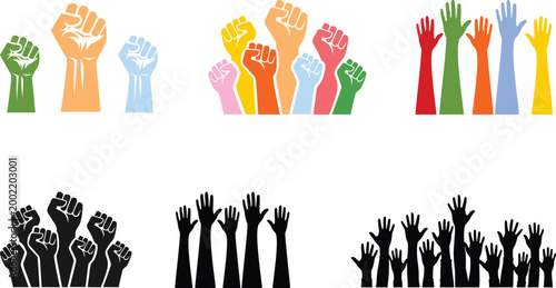 Colorful raised hands and unity logo collection featuring diverse teamwork symbols, community support icons, and abstract collaboration designs for social causes.diverse raised hands unity.