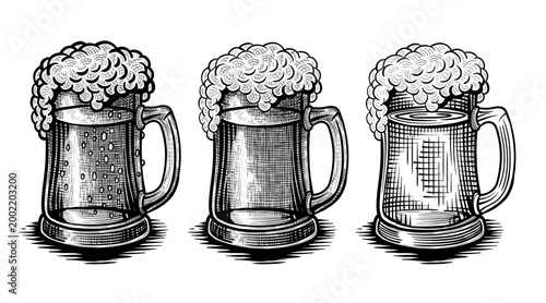 Beer glass mugs on transparent background. Three hand drawn elements in different sketch style vector illustration. Decoration suitable for beer labels, and branding, craft brewery, brewing.  
