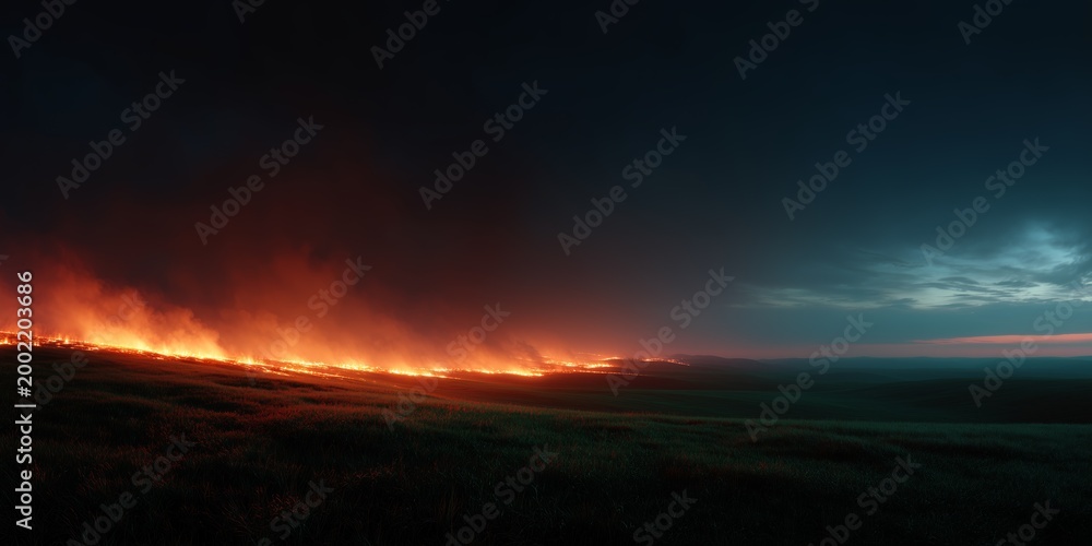 Obraz premium A vast field engulfed in flames under a dark sky, depicting the intensity of a wildfire against a serene horizon.