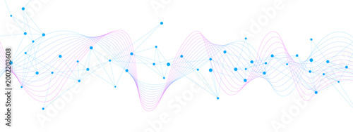 Abstract science and technology banner background. Molecular structure and genetic engineering with plexus and wave flow design. Suitable for web, presentation, medical template. Vector illustration.