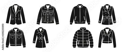 Jacket icons set, mens and womens outerwear clothing collection. Vector flat illustrations of blazer, denim jacket, bomber, trench coat, puffer, and leather biker jacket for fashion apparel design.