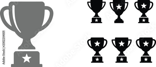 Trophy cup icon set with award symbols and winner achievement silhouettes for competition success and recognition design