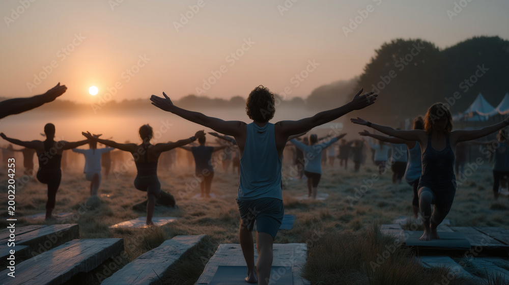 Fototapeta premium Summer solstice outdoor yoga gathering at dawn in mist-covered meadow, diverse group holding warrior pose on natural grass, instructor on raised wooden platform demonstrating arms-wide stance, dew v