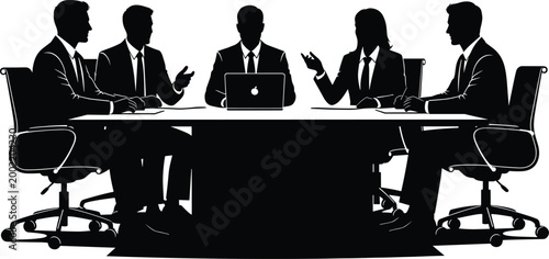 Business Meeting Team Discussion Silhouette Illustration Corporate Professionals Sitting at Conference Table Office Collaboration Vector Design