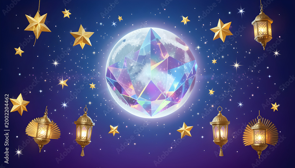 Fototapeta premium Magical Ramadan night background with glowing crystal moon hanging lanterns and golden stars on deep blue starry sky background 