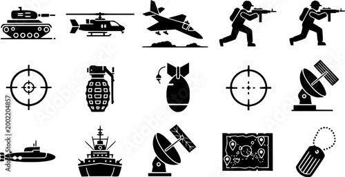 military operations and equipment icons collection in silhouette style - Vector stock