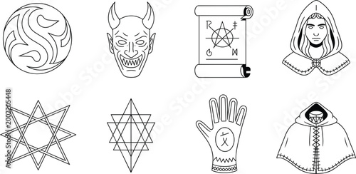 Occult and mystical symbols and illustrations in black outline Keywords: occult, mystical, symbol, magic, ritual, spell, demon