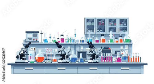 Scientists working at a laboratory bench with various equipment and supplies