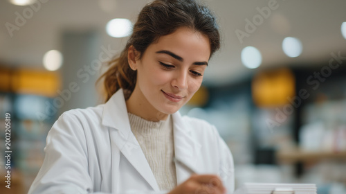 Pharmacy technician trainee in white coat practicing controlled substance count verification under supervising pharmacist at dispensing station, training manual open beside pill tray, institutional 