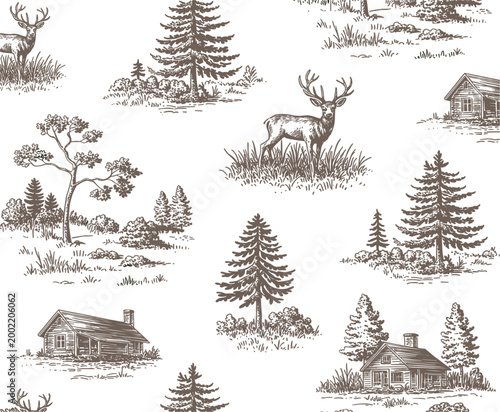 Schilderij op canvas Vintage forest scene with deer and log cabins in a repeating pattern stag woods