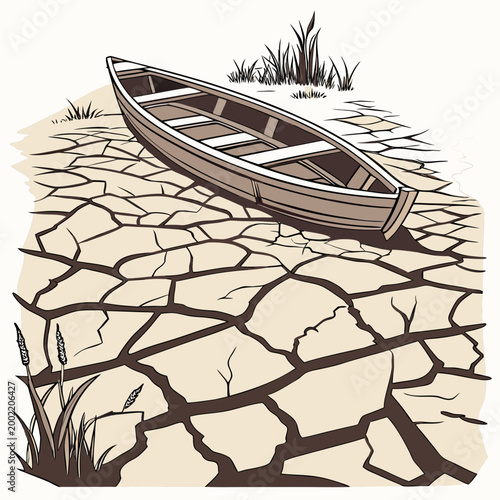 wooden boat stranded on cracked earth high quality professional detailed modern