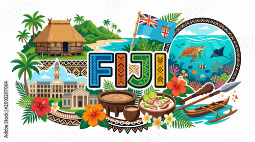 Vibrant illustration of Fiji's culture, landmarks, and marine life