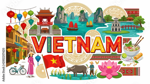 Vibrant collage showcasing iconic symbols and landmarks of Vietnam
