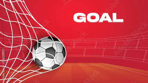Soccer ball in the goal net, vector on red modern background