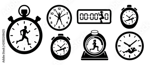 Fitness Clock Icons Set with People Exercising, Stopwatch and Workout Timer Symbols, Vector Illustration of Human Activity Inside Timepieces for Sports Training, Health Coaching and Gym Schedule Desig