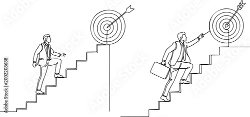 Continuous one line drawing. Reach the target. Businessman climbing stairs to the target. Concept business vector illustration