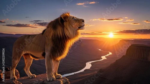 A majestic male lion stands on a rocky cliff overlooking a breathtaking sunset landscape.
