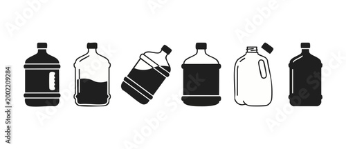 Water Bottle Icon Set, Gallon Jug Vector Symbols for Beverage Delivery and Hydration Concepts. Simple Black Graphic Collection of Large Plastic Containers for Water Coolers and Office Supplies Isolate