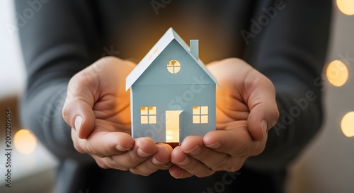 Hands holding model house with warm lights
