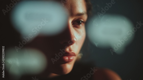 A woman?s face surrounded by digital message bubbles suggests an intense focus on online conversations and digital communication.