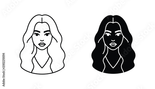 Beautiful woman face portrait icon set featuring long wavy hair in black line art and solid silhouette for beauty and fashion graphic design