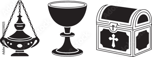 Religious imagery vector collection with an incense burner chalice and a treasure chest featuring a cross for christian symbolism.