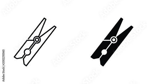 Obraz na płótnie Clothespin icon set with line art and solid black silhouette variations for laun
