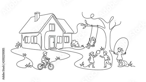 Minimalist Continuous Line Art of Cozy House with Tree and Winding Path, Simple Suburban Home Illustration
