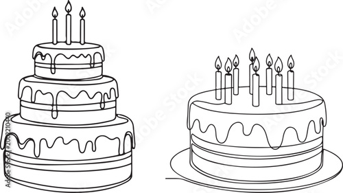 Continuous one line drawing of birthday cake with candles. Symbol of sweet celebration torte and pastry confectionery icon concept in simple linear style.