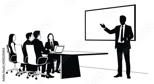 business meeting silhouette with presenter and attendees at conference table high quality professional detailed modern elegant stylish clean crisp vibrant colorful