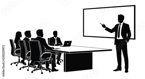 business meeting with presenter and attendees silhouette high quality professional detailed modern elegant stylish clean crisp vibrant colorful digital creative innovative