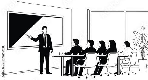 meeting room scene with presenter and audience silhouette high quality professional detailed modern elegant stylish clean crisp vibrant colorful digital creative