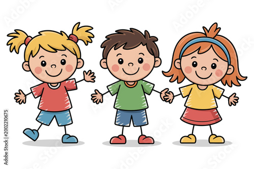 Cartoon illustration of three happy children standing together, a blonde girl, a boy, and a girl with red hair